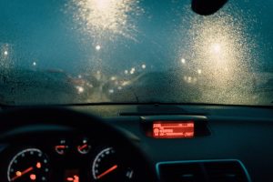 Rainy, foggy dashboard due to driving in the rain